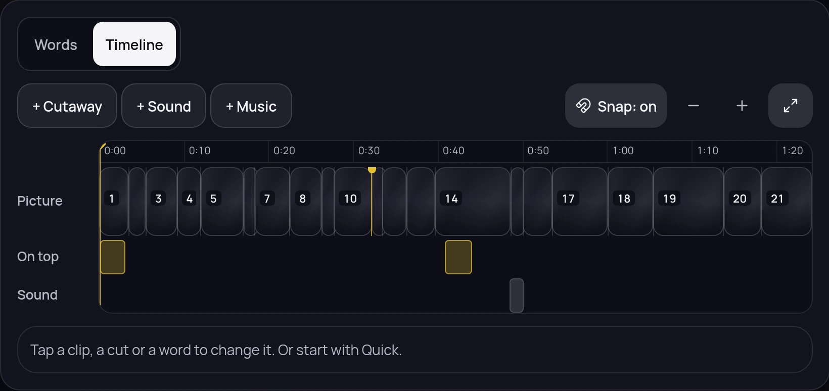 The editor's timeline on a finished order: a Words and a Timeline tab, buttons to add a cutaway, a sound or music, snapping on, and the take laid out as numbered clips on a Picture row with blocks on the rows for what sits on top and underneath.
